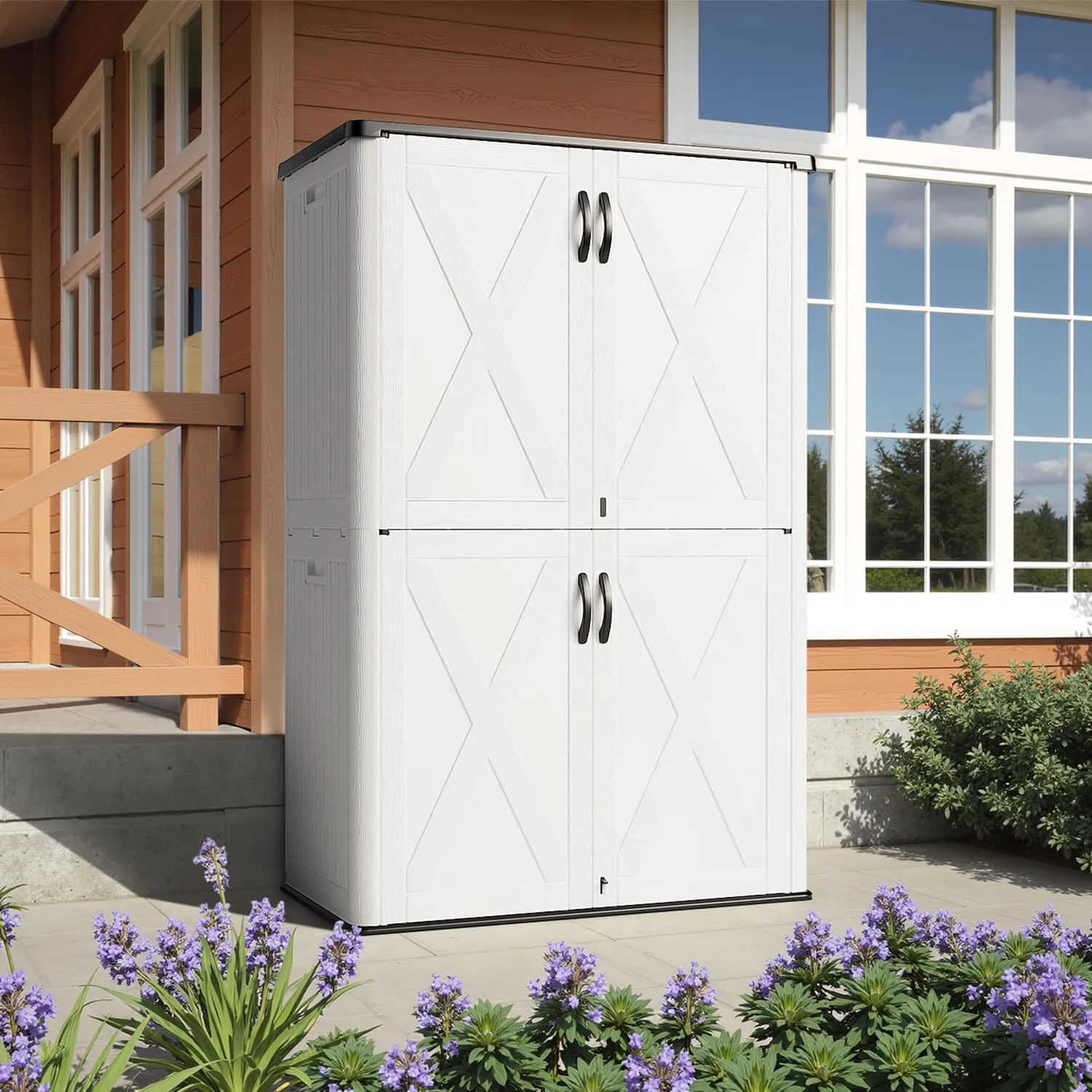 GUNJI Vertical 7 X 4 ft Outdoor Storage Shed with Reinforced Floor, Lockable Double Doors, All-Weather Construction, and Multi-Wall Panels, White