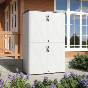 GUNJI Vertical 7 X 4 ft Outdoor Storage Shed with Reinforced Floor, Lockable Double Doors, All-Weather Construction, and Multi-Wall Panels, White