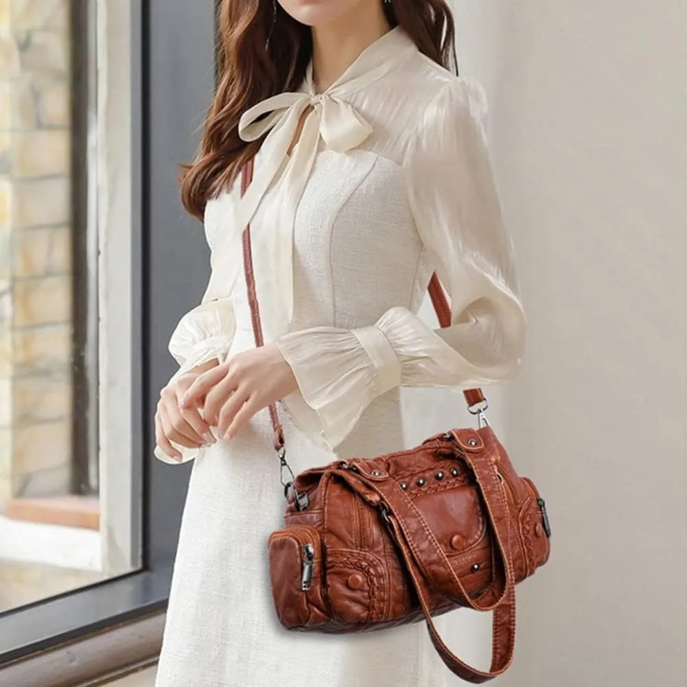 Handbags for Women Washed Faux Leather Crossbody Bag Hobo Shoulder Bag Stylish Rivet Satchel Purse with Crossbody Strap Green