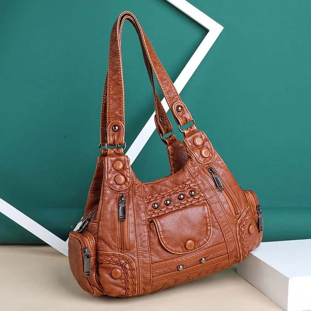 Handbags for Women Washed Faux Leather Crossbody Bag Hobo Shoulder Bag Stylish Rivet Satchel Purse with Crossbody Strap Green