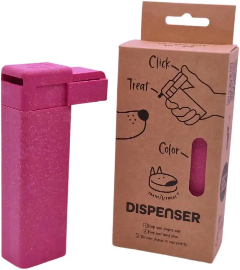 Handheld Dog Treat Dispenser, Offers a Treat (Max. diameter 3/4") in a Clean and Safe Way, Easy 1 Hand Operation, Slices Cheese, Meat Rolls etc. into Treats (Pink)