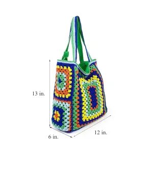 Handmade Crochet Granny Square Tote Bag for Women Shoulder Handbag Purse for Work and Travel Beach Bag Hobo Bag (Brown)