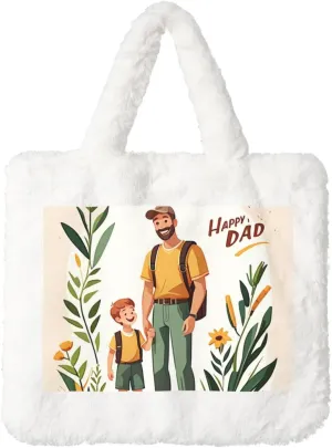Happy Dad Father Day Printed Plush Handbag, White Soft Faux Rabbit Fur Shoulder Bag for Women, Suitable for Autumn and Winter