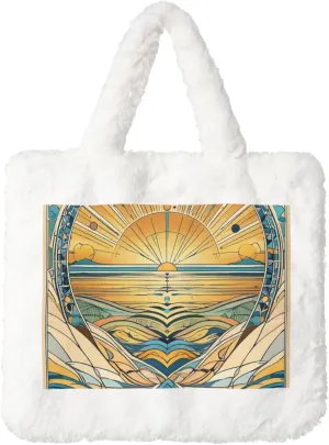 Harmonic Horizons Printed Plush Handbag, White Soft Faux Rabbit Fur Shoulder Bag for Women, Suitable for Autumn and Winter