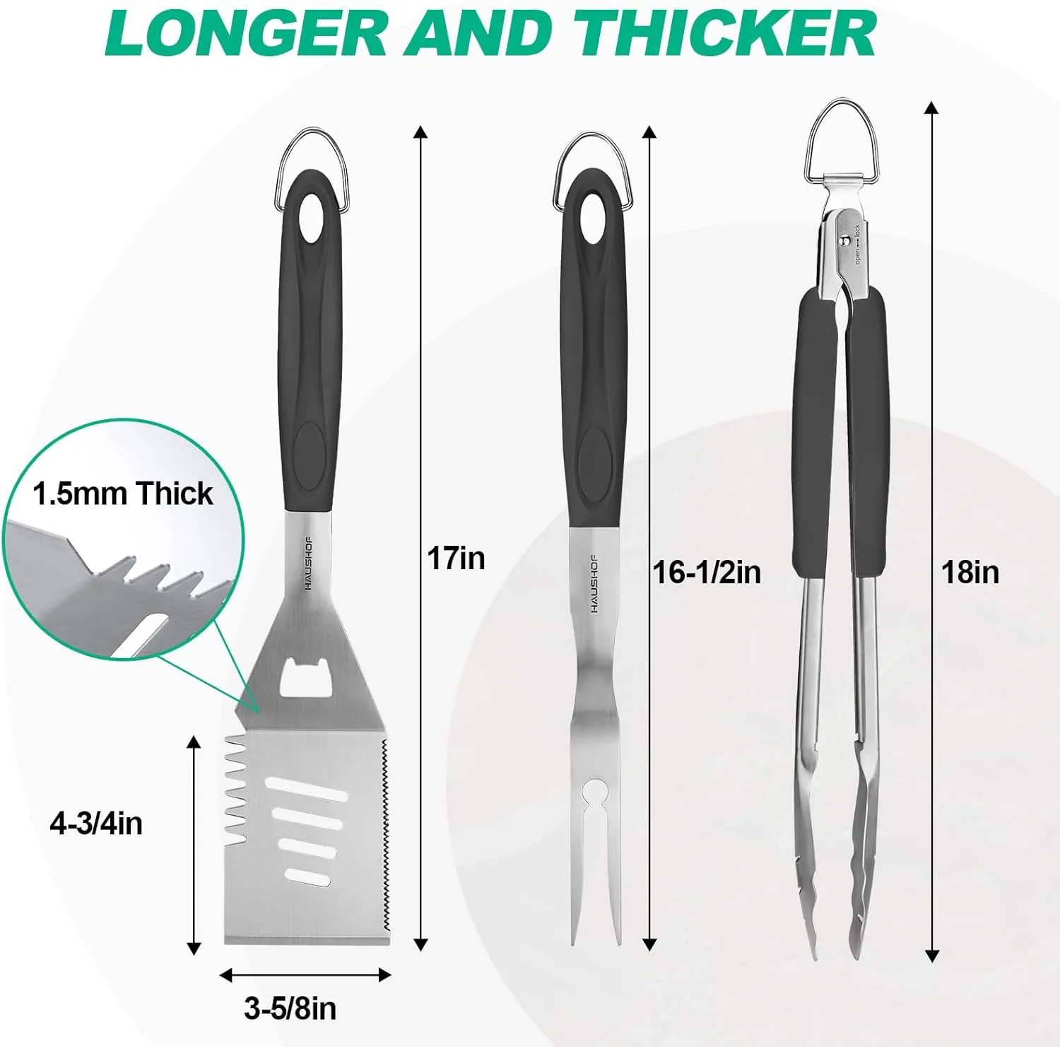 HAUSHOF Large Grill Accessories Heavy Duty BBQ Set Gifts for Men/Women - Premium Stainless Steel Spatula, Fork & Tongs, Barbecue Utensils Tool Kit Gift for Grilling Lover Outdoor