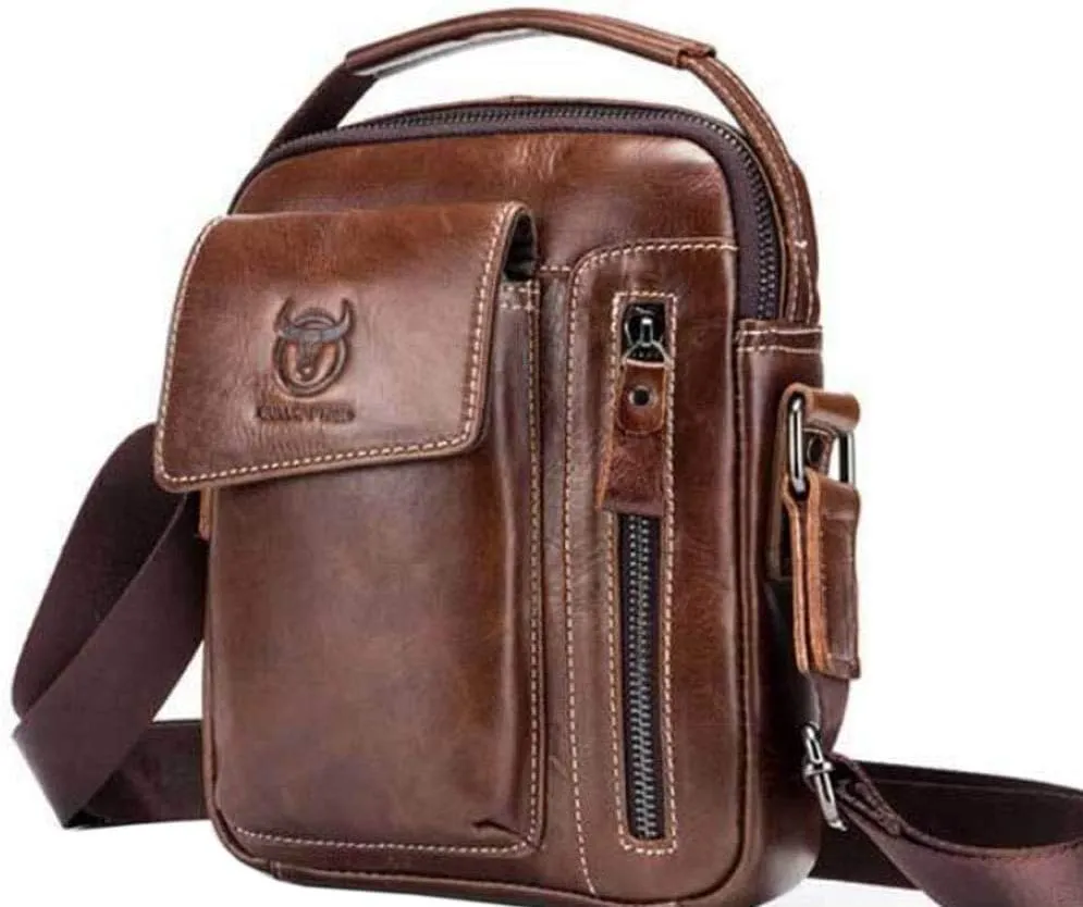 Hebetag Small Leather Shoulder Bag Crossbody Pack for Men Outdoor Travel Business