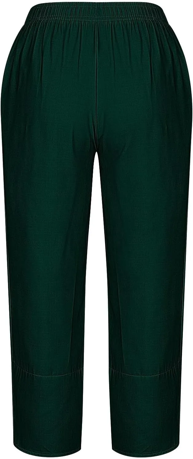 HGps8w Plus Size Cotton Linen Pants for Women - Loose Solid Elastic Waist Versatile Business Casual Lounge Pants with Pockets