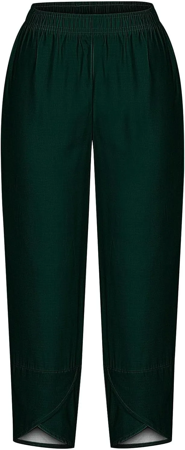 HGps8w Plus Size Cotton Linen Pants for Women - Loose Solid Elastic Waist Versatile Business Casual Lounge Pants with Pockets