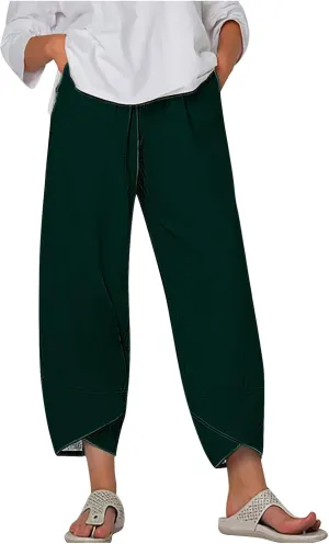 HGps8w Plus Size Cotton Linen Pants for Women - Loose Solid Elastic Waist Versatile Business Casual Lounge Pants with Pockets