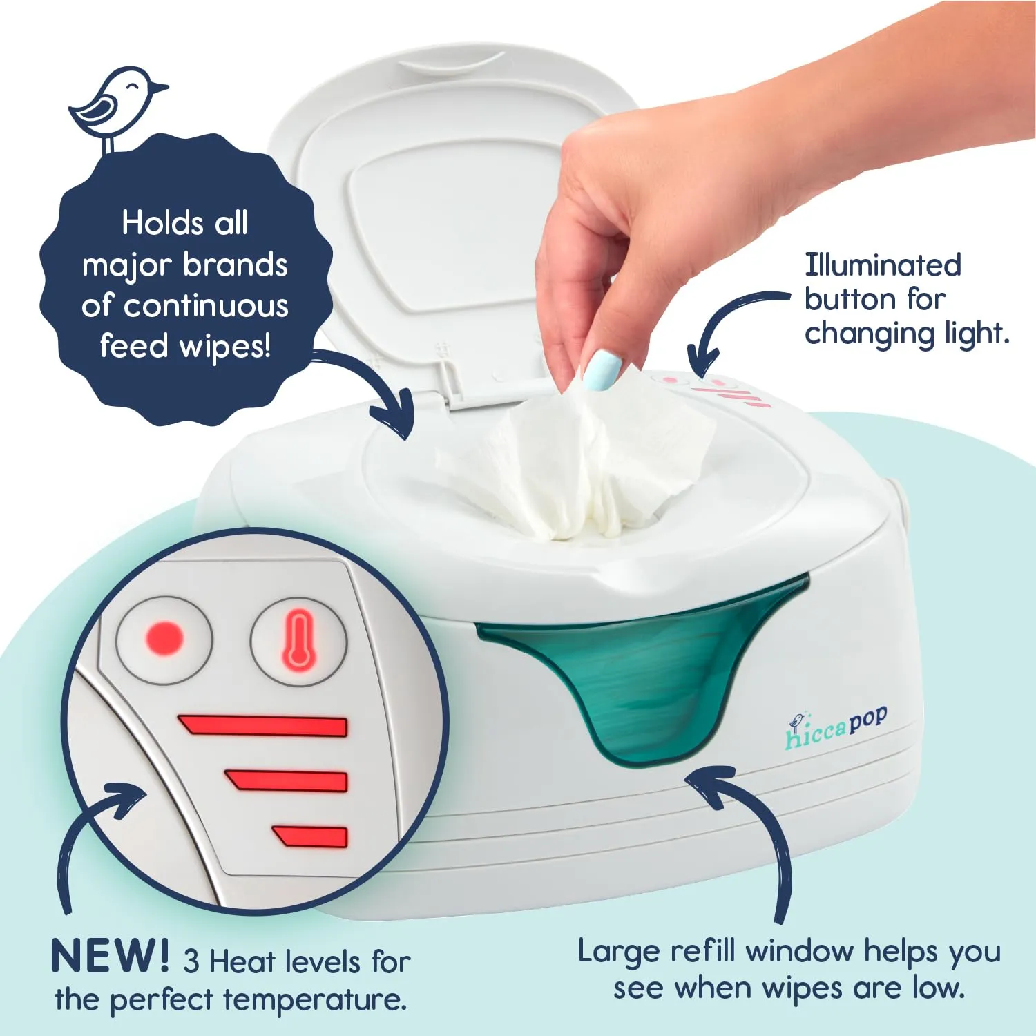 hiccapop Portable Baby Wipe Warmer, Baby Wipes Warmer for Babies Includes 2 Power Bases, Diaper Wipe Warmer with Changing Light