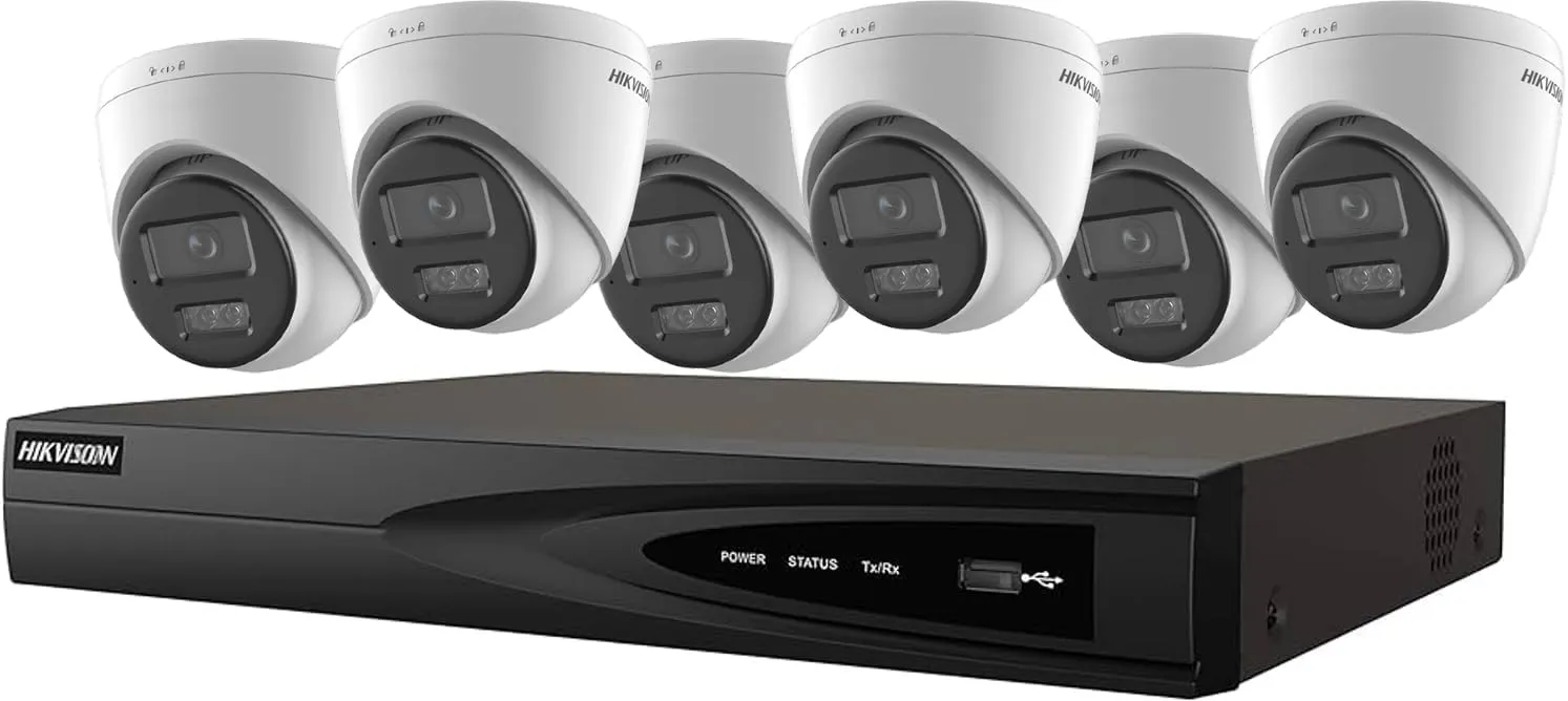 Hikvision EKI-K82T46H 8 Channel 4K 8MP NVR 2TB with 6 x 4MP Outdoor Hybrid Light Turret Dome Cameras 2.8mm with Mic IP67 IK10 H.265  Compatible with Hikvision Hik-Connect, Cable not Included