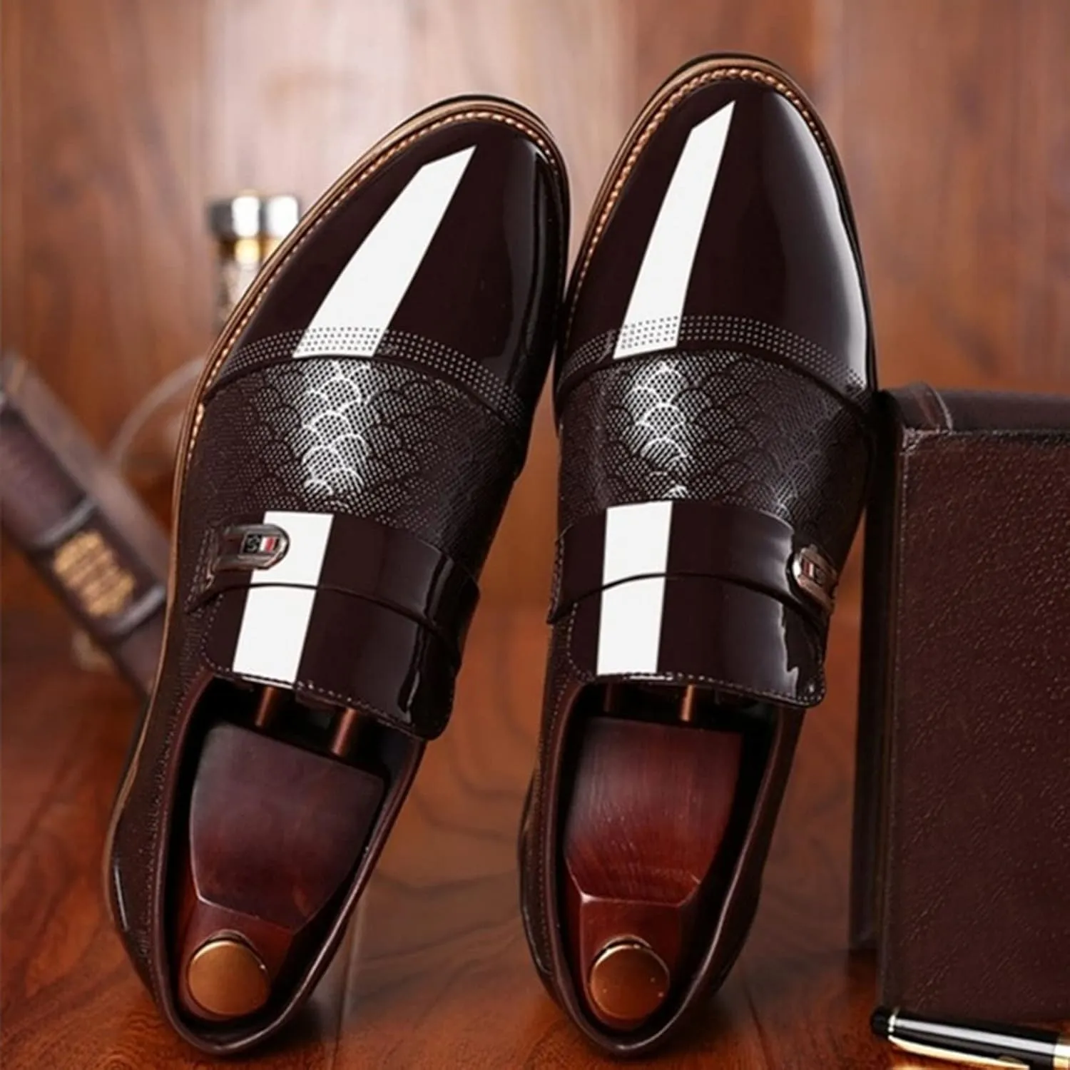HINDOLA Men's Oxford Dress Shoes Slip-On Leather Business Shoes Casual Commuting Anti-Slip Breathable Classic Shoes