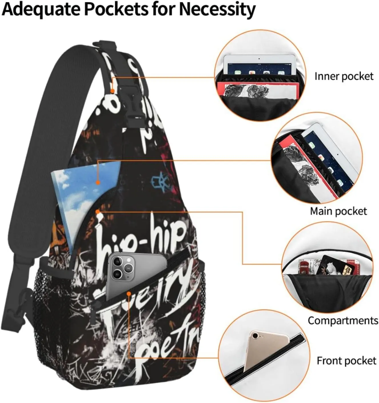 Hip-Hip Poetry Crossbody Bag with Abstract Picture Fitness Sports Travel Hiking Backpack Cute Animal Print Chest Bag Shoulder Bag for Women and Men