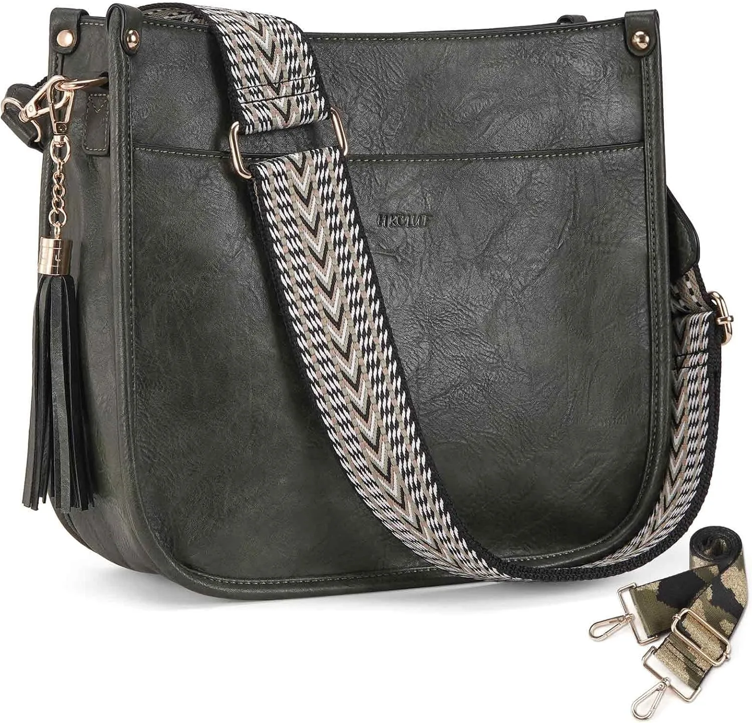 HKCLUF Vegan Leather Crossbody Bags Purse for Women Trendy Tassel Hobo Handbag Women With 2PCS Adjustable Guitar Strap