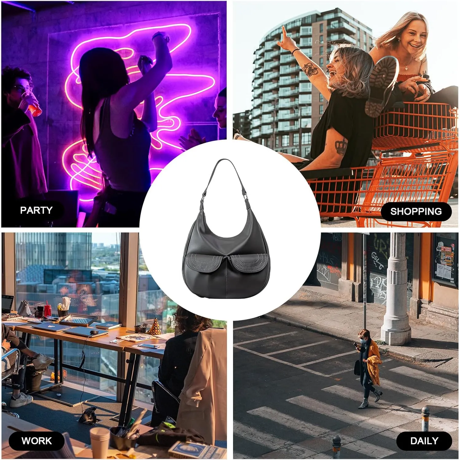 Hobo Bags for Women Trendy Soft Portland Slouchy Leather Handbags Shoulder Bag Work Tote Bag Purse (Black)
