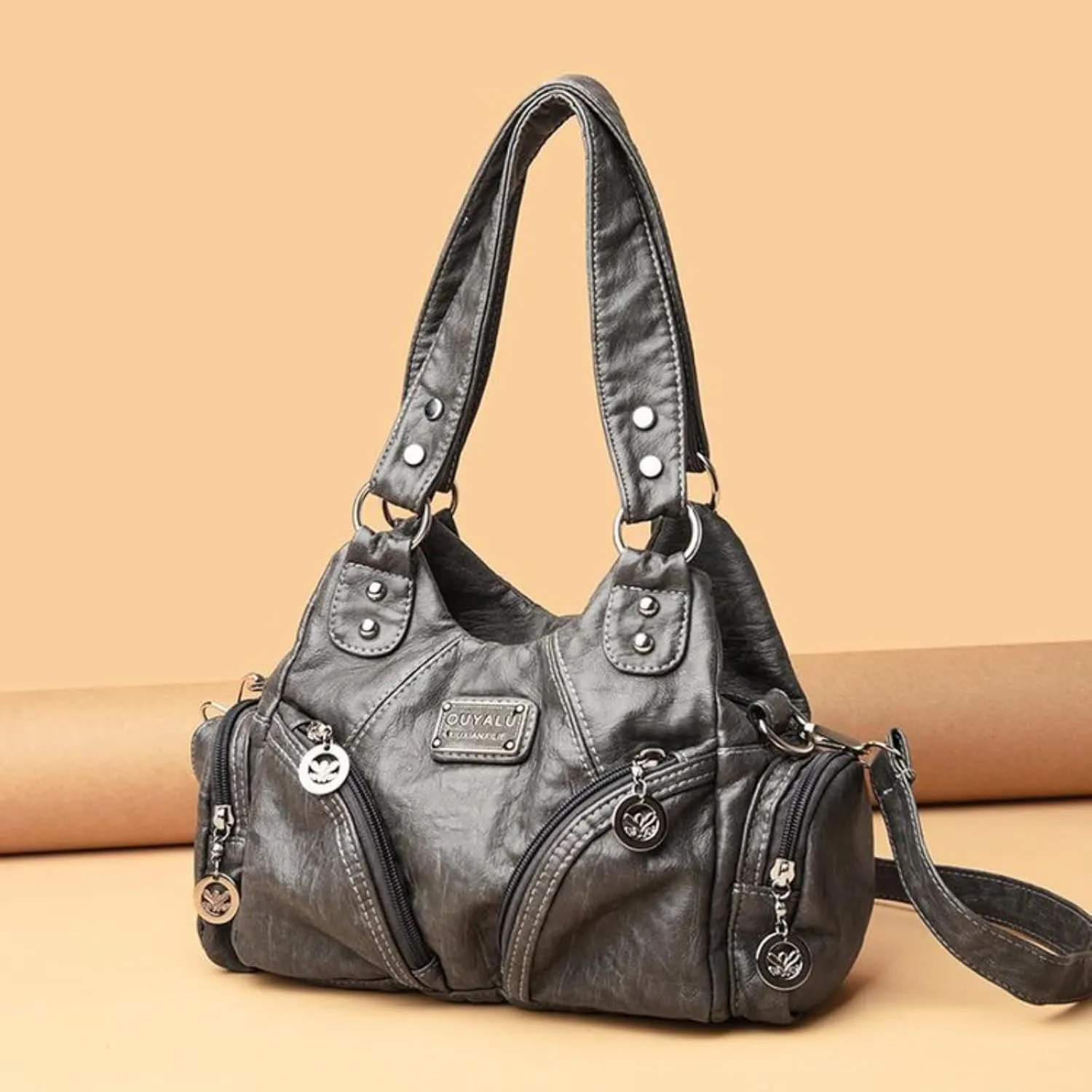 Hobo Purses and Handbags for Women Leather Multi-Pocket Tote Bag with Zipper Daily Shoulder Bags