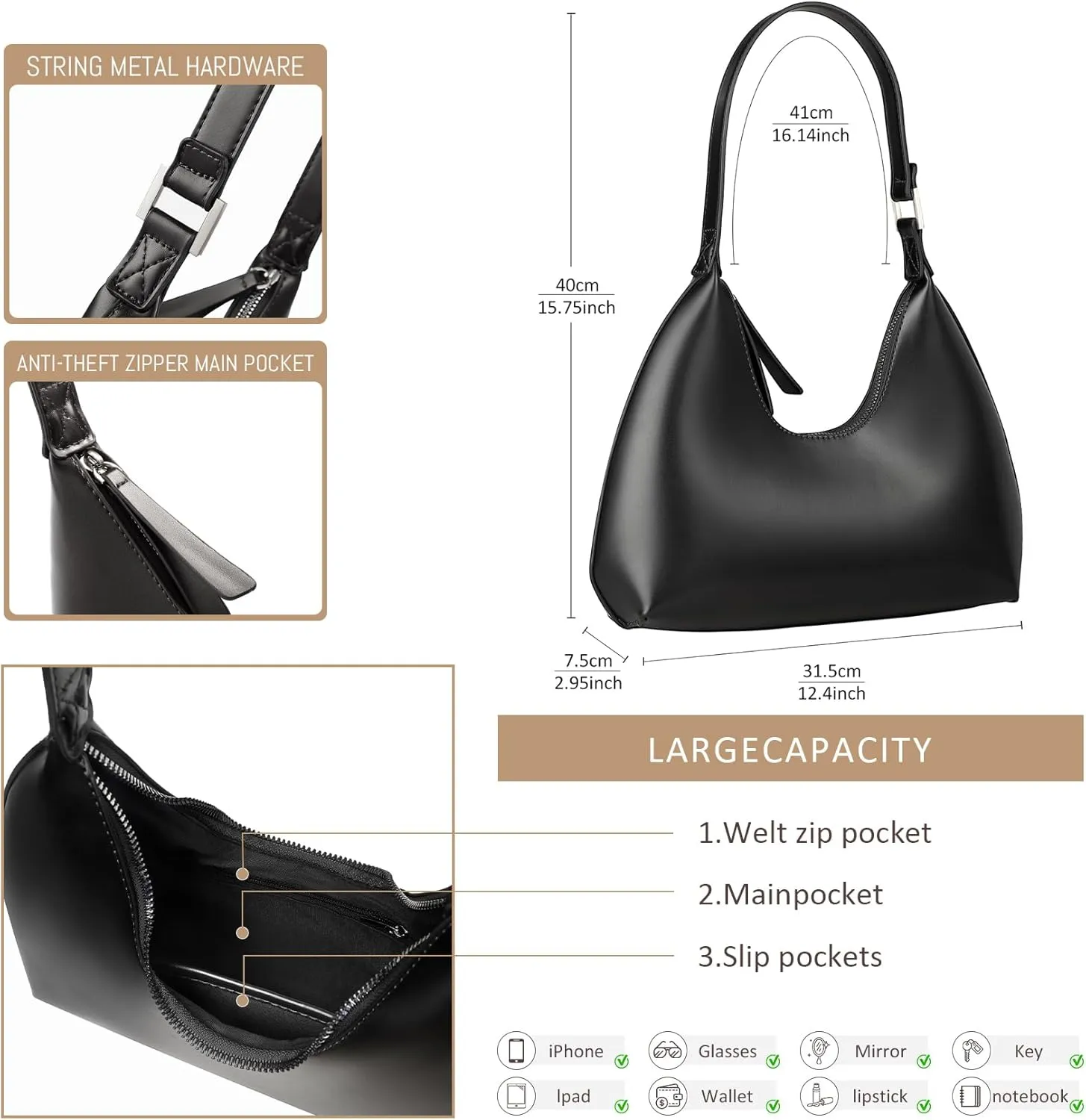 Hobo Shoulder Bag for Women Trendy Lightweight Soft Foldable Leather Hobo Tote Handbag with Coin Purse for Women