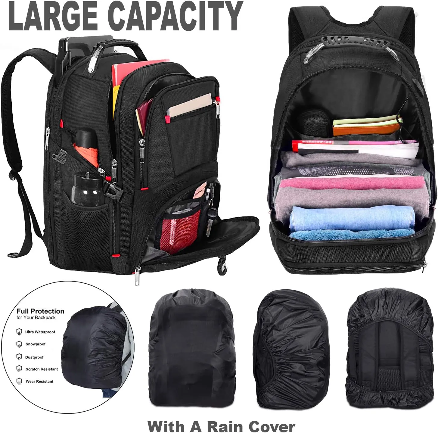 HuaChen Travel Laptop Backpack, Water-Resistant Business Bag with USB Charging Port & Rain Cover, Fits 15 Inch Laptop