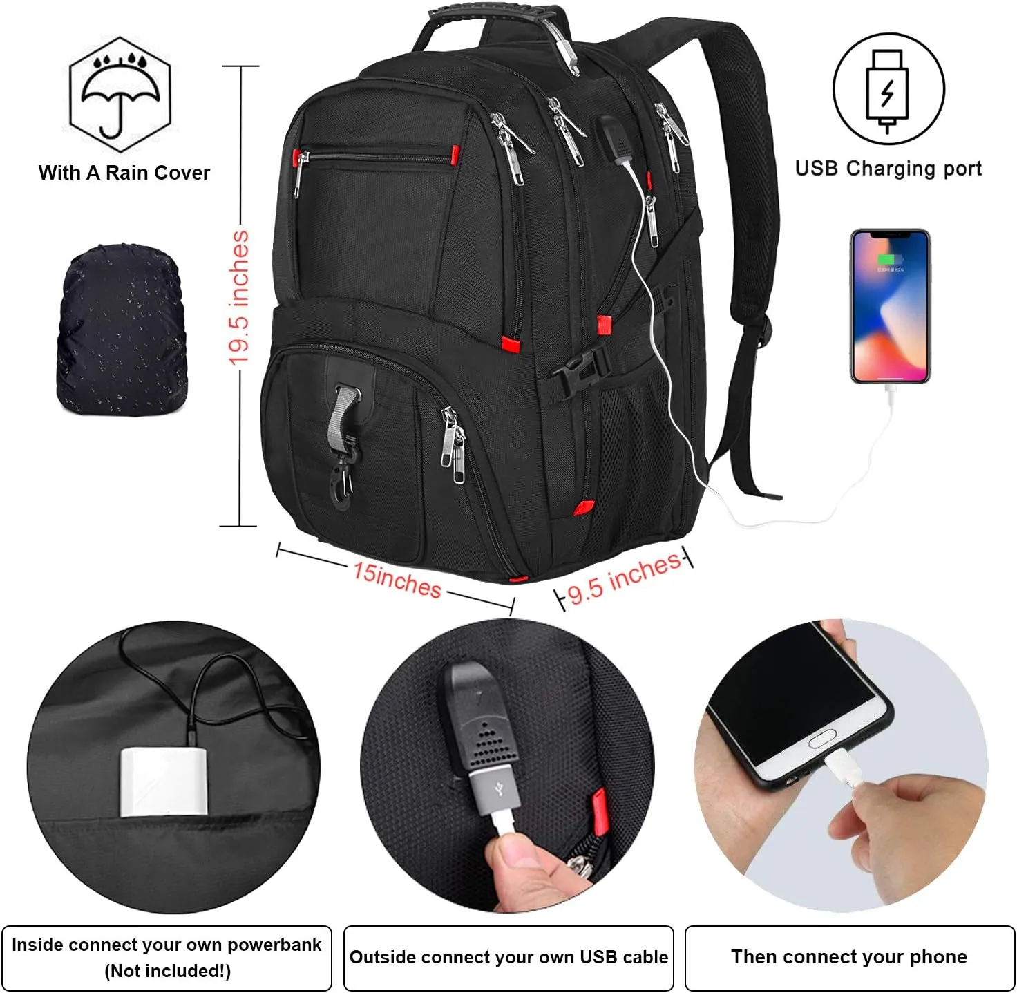 HuaChen Travel Laptop Backpack, Water-Resistant Business Bag with USB Charging Port & Rain Cover, Fits 15 Inch Laptop