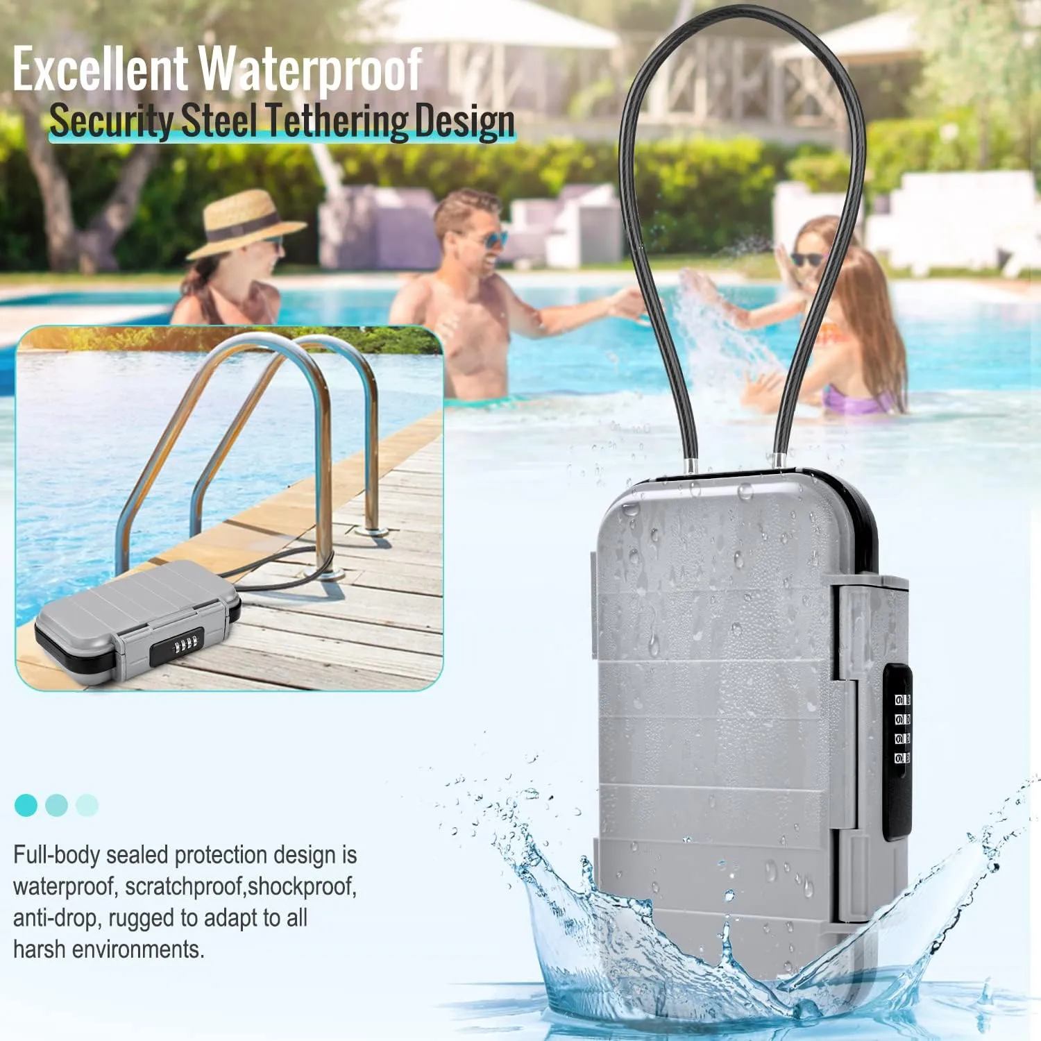 HUANLANG Portable Safe Lock Box with Combination Lock Mini Beach Travel Safe Waterproof Small Lockable Box with Removable Wire Rope Combination Safe Box for Dorm,Travel,Beach,Hotel,Car,Home,Office