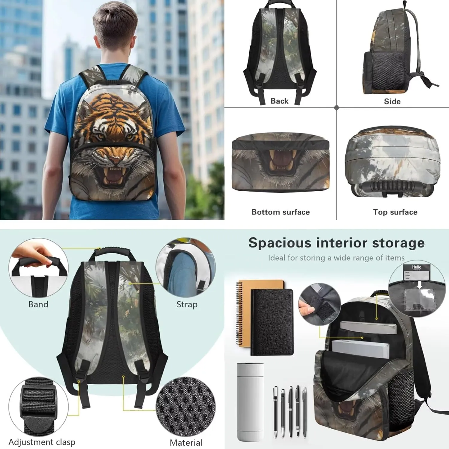 HUGS IDEA 3 Pieces 3D Tiger Backpack Set for Boys Cool Kids Backpack for Boys 8-12 Kids School Bookbag with Lunch Box Large Capacity School Bag Set for Elementary Students Kids 3 in 1