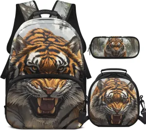 HUGS IDEA 3 Pieces 3D Tiger Backpack Set for Boys Cool Kids Backpack for Boys 8-12 Kids School Bookbag with Lunch Box Large Capacity School Bag Set for Elementary Students Kids 3 in 1