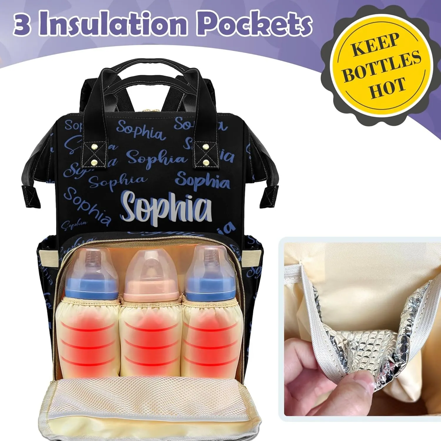 HUTARIO Custom Diaper Bag for Boy Girl Personalized Nylon Mommy Backpack with Name, Waterproof, Multifunctional