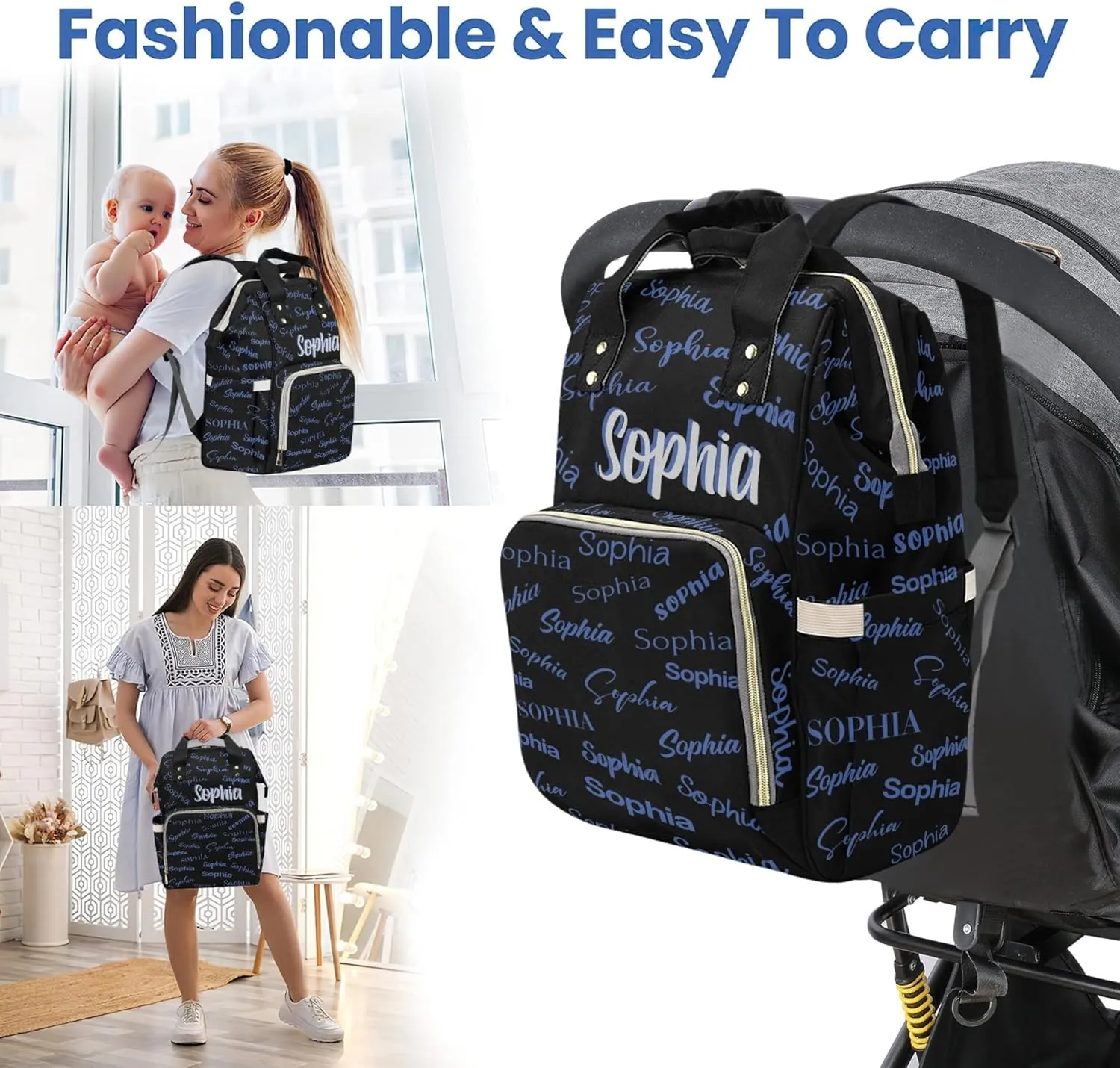 HUTARIO Custom Diaper Bag for Boy Girl Personalized Nylon Mommy Backpack with Name, Waterproof, Multifunctional