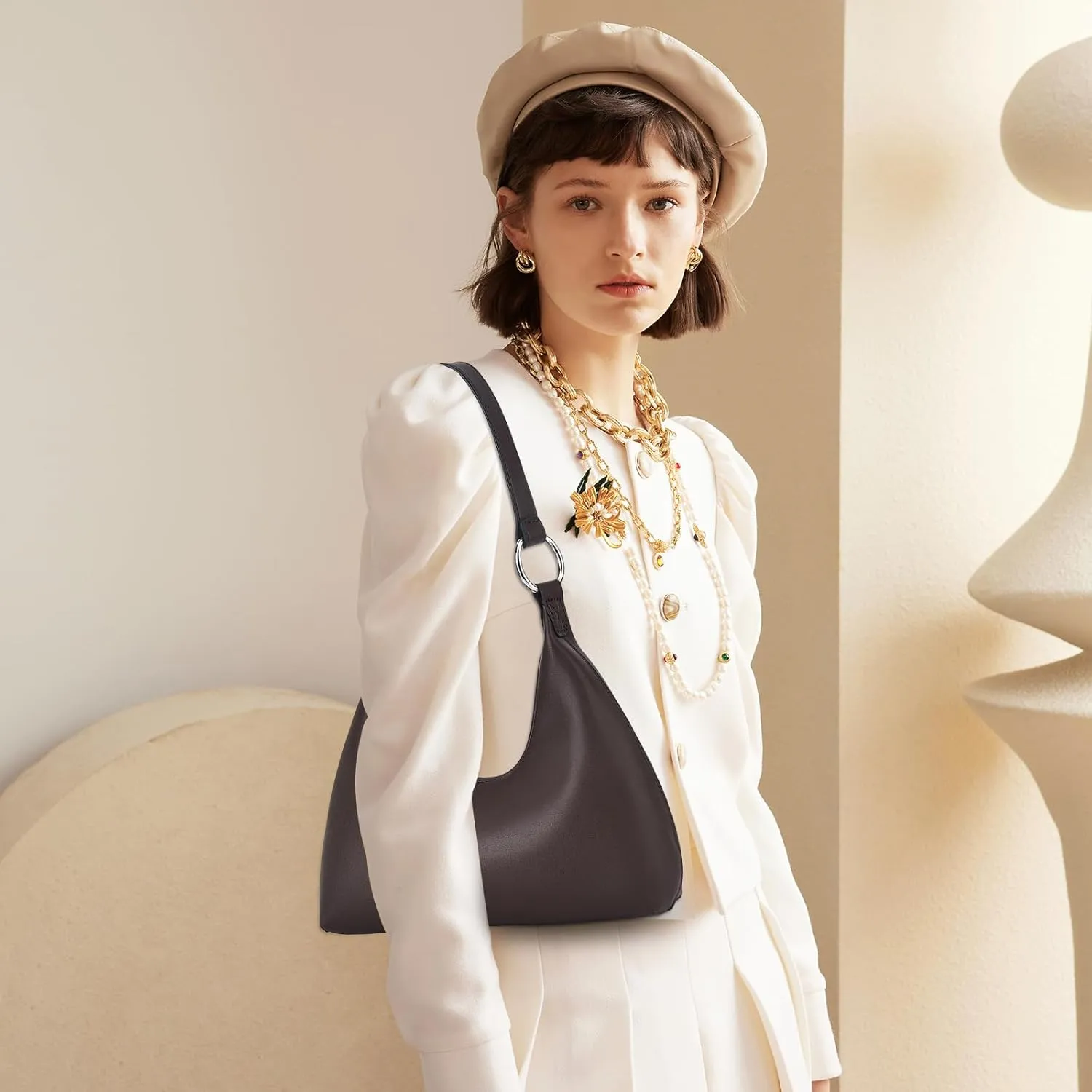 I IHAYNER Leather Shoulder Bag for Women Crescent Shoulder Purse Small Hobo Purse Retro Clutch Classic Underarm Tote Bag