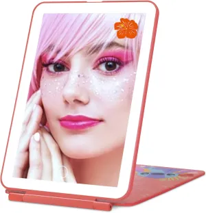 Impressions Vanity Disney Stitch TouchPad Mini LED Makeup Mirror for Purse, Ultra Slim Travel Mirror with Tri Tone Lights, Flip Cover, Adjustable Brightness, and Touch Screen Switch (Coral)
