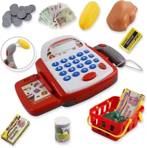 Interactive Kids Cash Register with Scanner & Sounds - 26-Piece Pretend Play Shopping Set with Light-Up Scanner, Play Money & Card - Educational Toy for Learning & Fun - Ages 3 