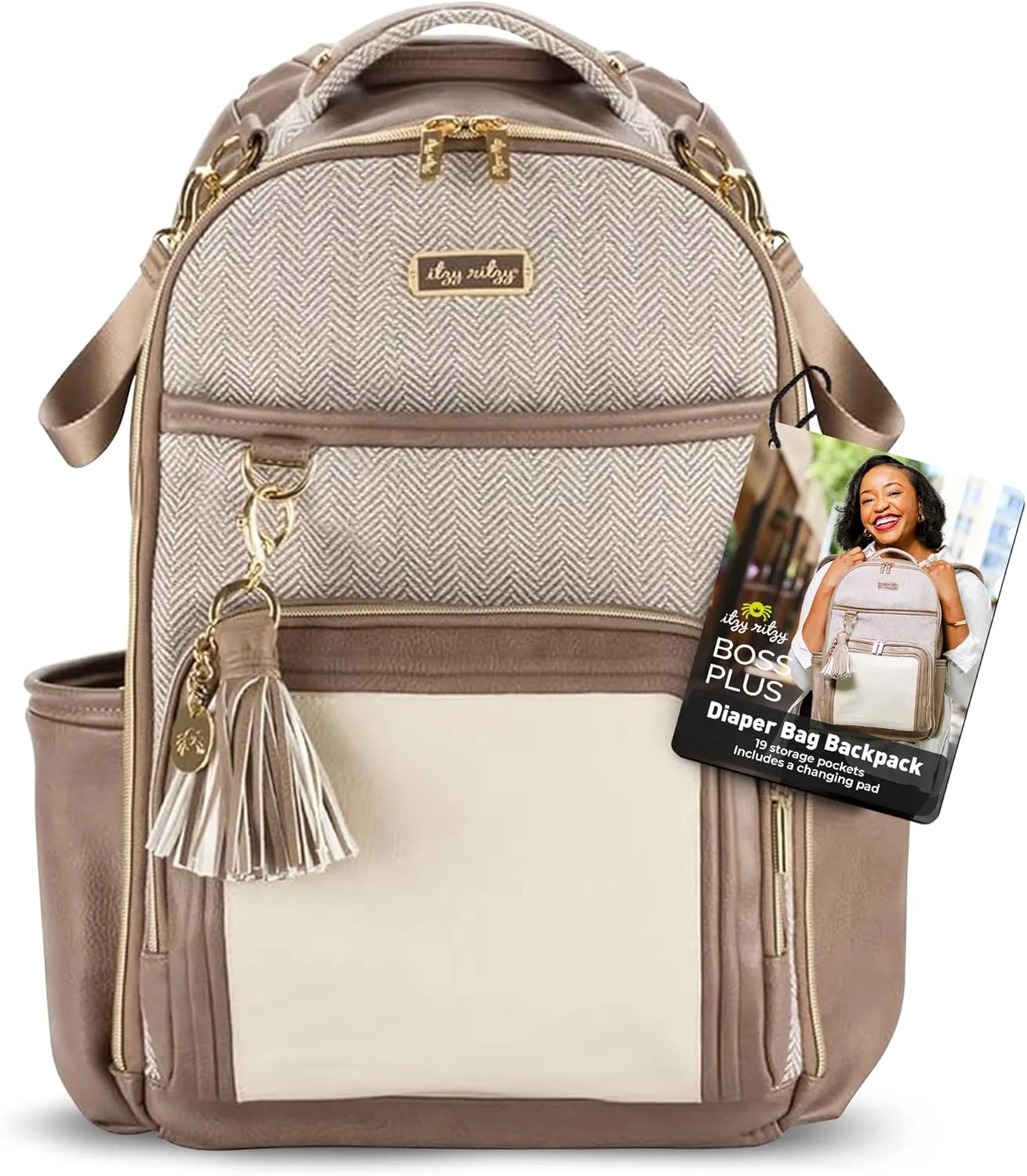 Itzy Ritzy Diaper Bag Backpack – Large Capacity Boss Plus Baby Backpack Diaper Bag Featuring 19 Pockets, Changing Pad, Stroller Clips, and Comfortable Backpack Straps, Vanilla Latte Boss Plus