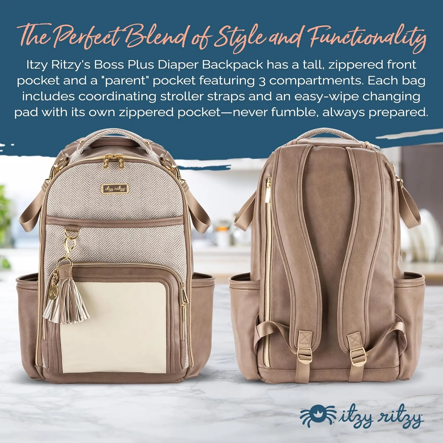 Itzy Ritzy Diaper Bag Backpack – Large Capacity Boss Plus Baby Backpack Diaper Bag Featuring 19 Pockets, Changing Pad, Stroller Clips, and Comfortable Backpack Straps, Vanilla Latte Boss Plus
