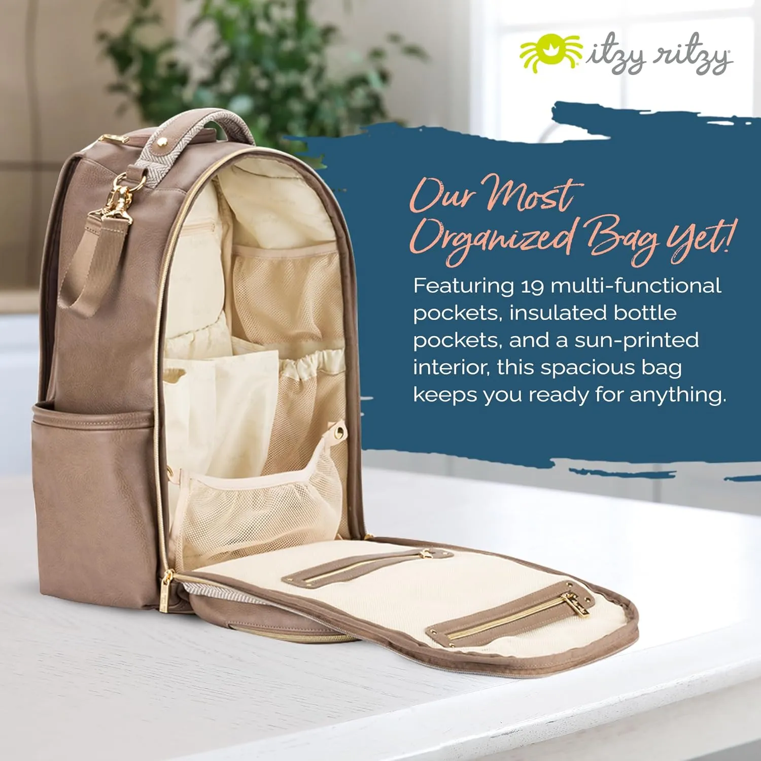 Itzy Ritzy Diaper Bag Backpack – Large Capacity Boss Plus Baby Backpack Diaper Bag Featuring 19 Pockets, Changing Pad, Stroller Clips, and Comfortable Backpack Straps, Vanilla Latte Boss Plus