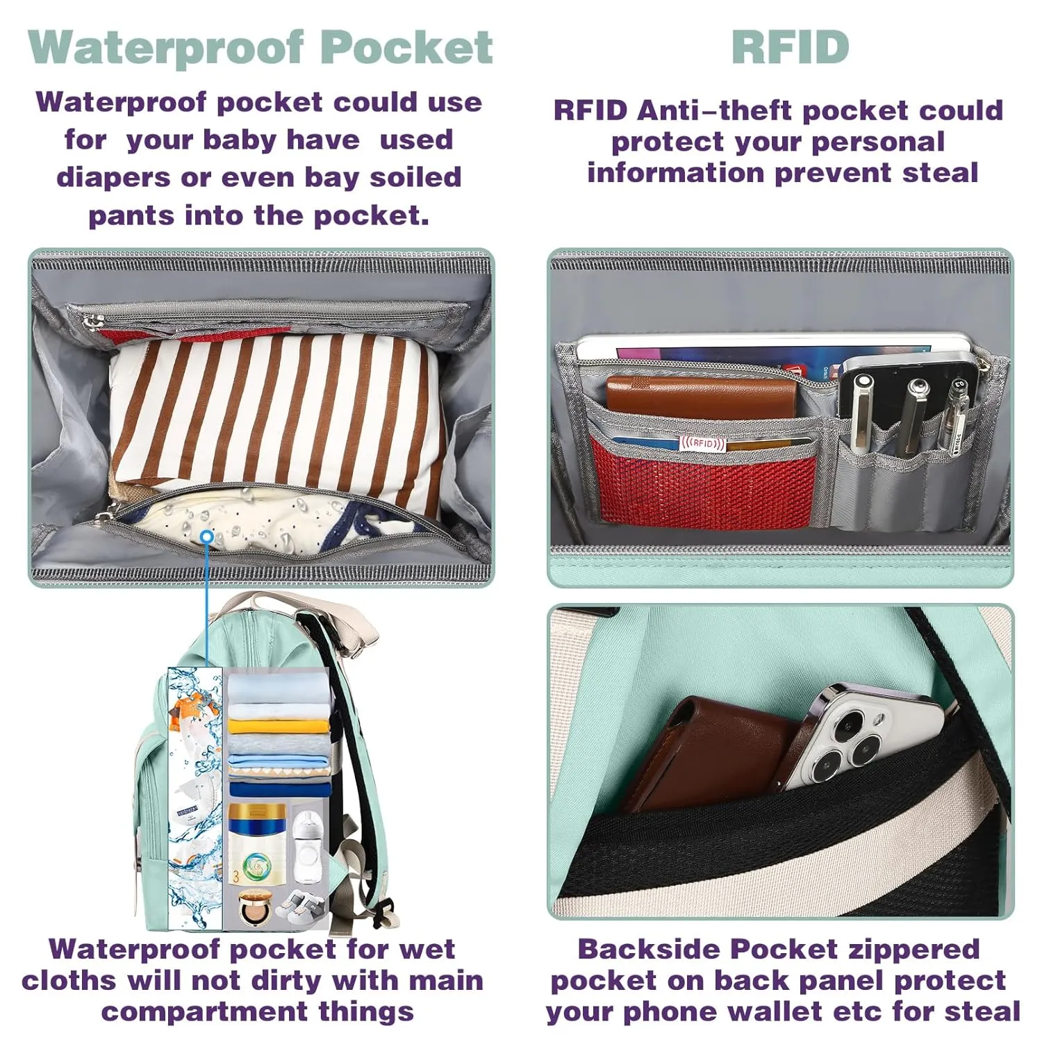 Jiefeike Diaper Bag Backpack,Green diaper bags for baby girl boy, girl diaper bag backpack, Insulated Pockets Portable toddler diaper bag with USB Charging Port, RFID Anti-Theft Pocket