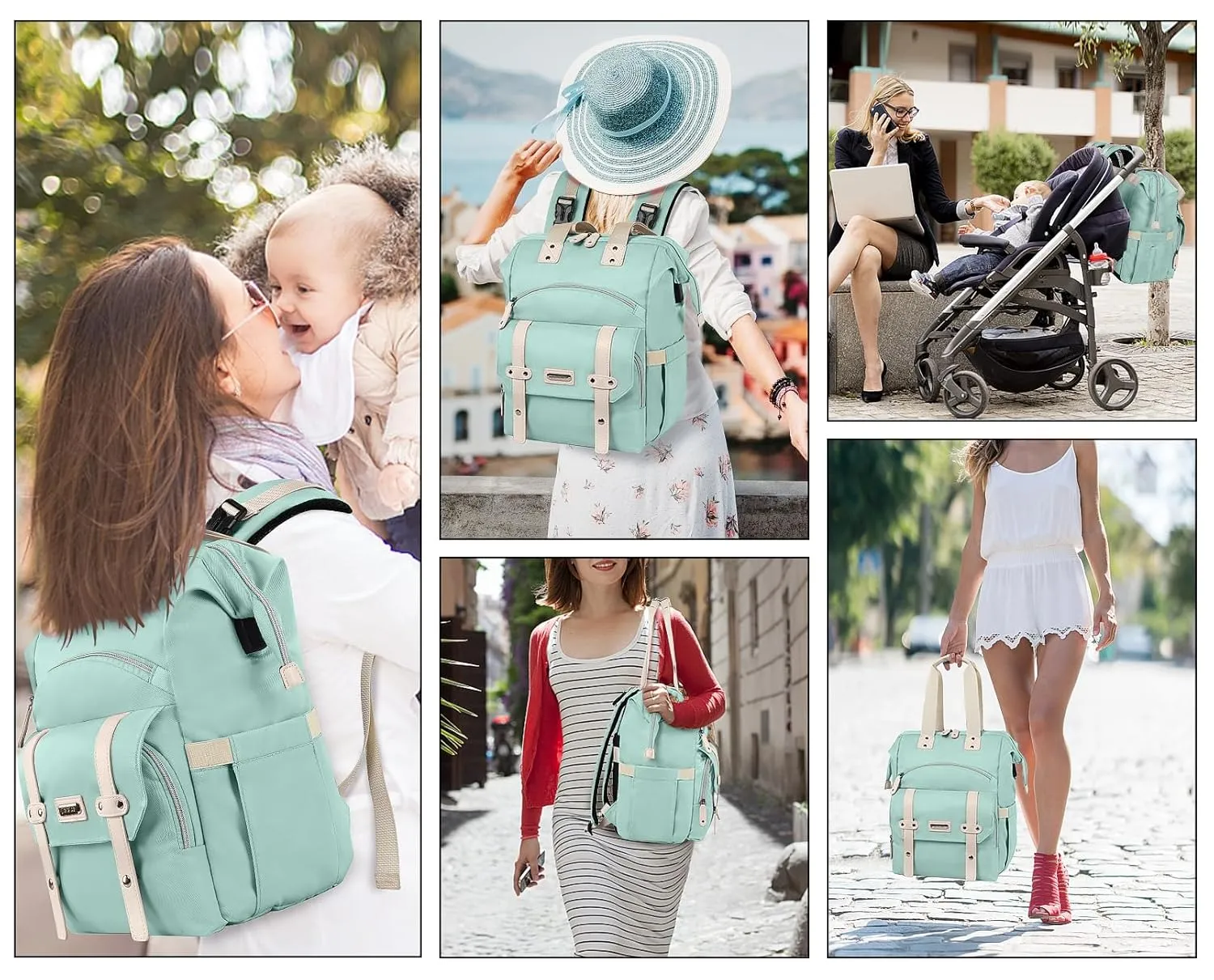 Jiefeike Diaper Bag Backpack,Green diaper bags for baby girl boy, girl diaper bag backpack, Insulated Pockets Portable toddler diaper bag with USB Charging Port, RFID Anti-Theft Pocket