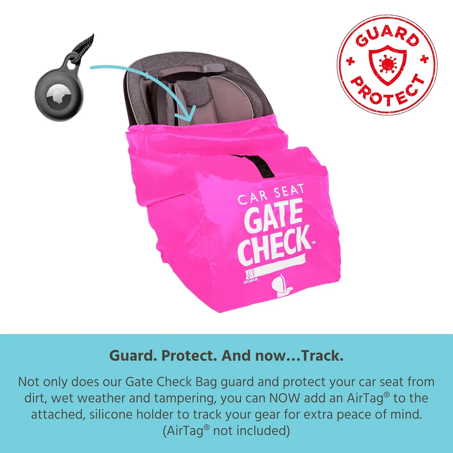 J.L. Childress Gate Check Bag for Car Seats - Travel Bag for Airplane - Includes AIRTAG Holder - Fits All Baby Car Seats, Infant Carriers & Child Booster Seats, Neon Pink