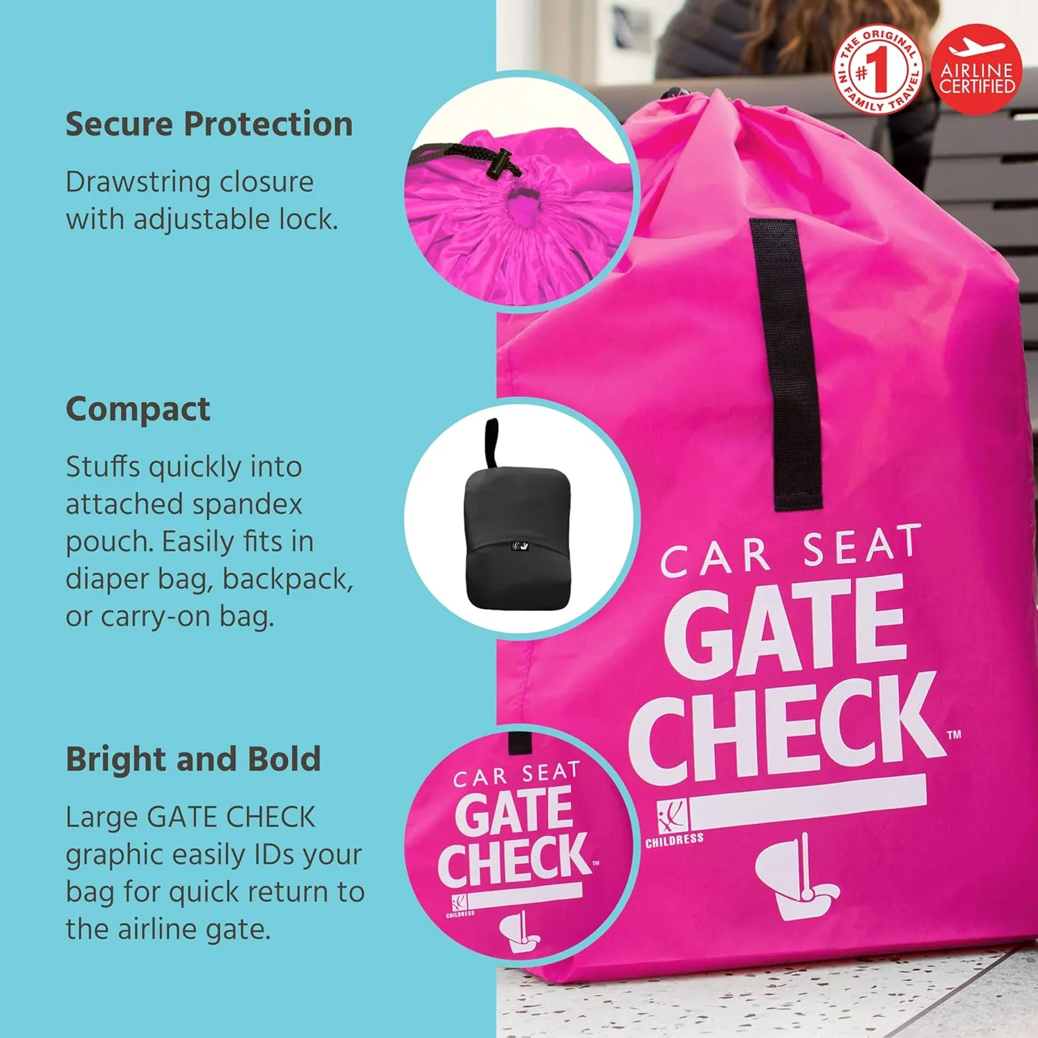 J.L. Childress Gate Check Bag for Car Seats - Travel Bag for Airplane - Includes AIRTAG Holder - Fits All Baby Car Seats, Infant Carriers & Child Booster Seats, Neon Pink