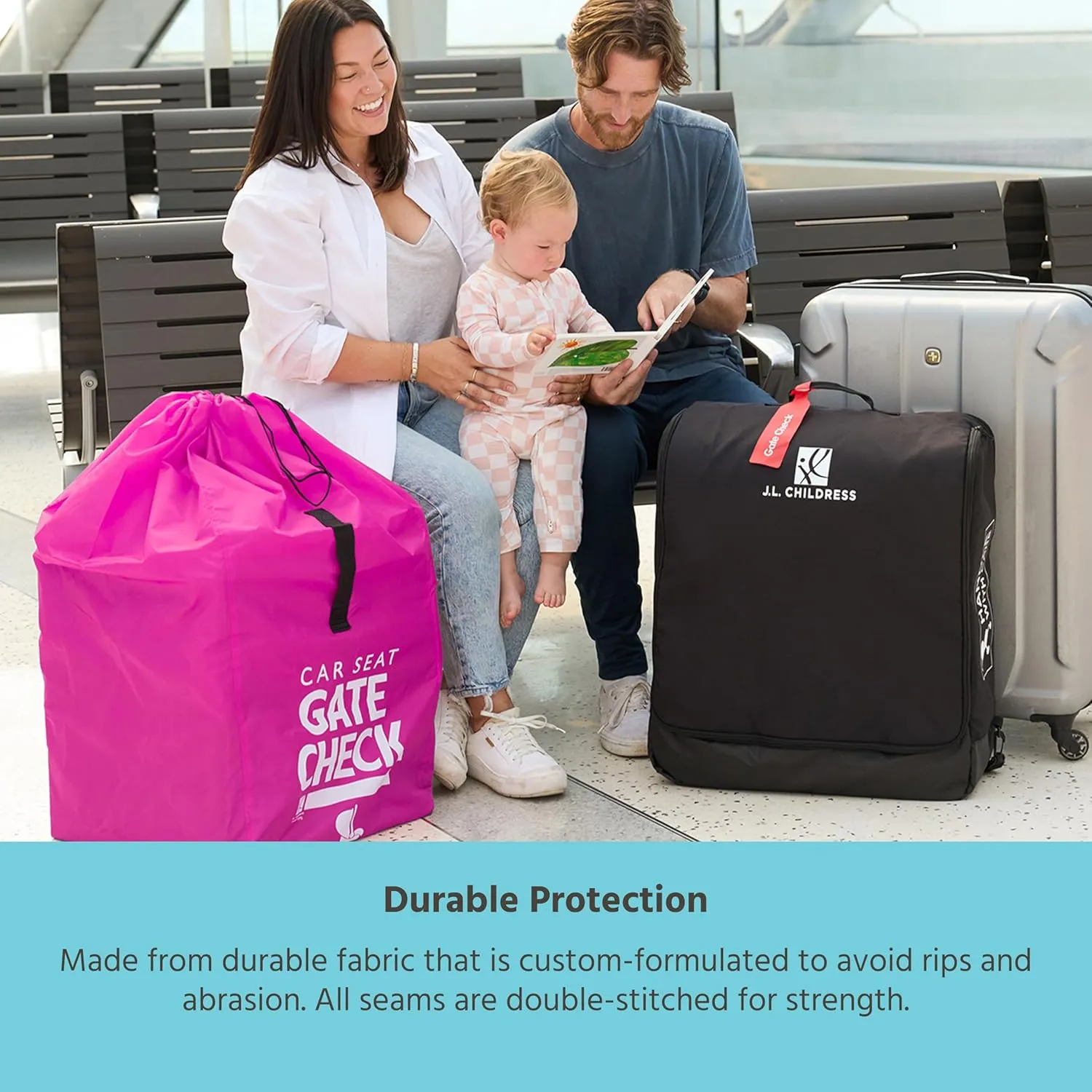 J.L. Childress Gate Check Bag for Car Seats - Travel Bag for Airplane - Includes AIRTAG Holder - Fits All Baby Car Seats, Infant Carriers & Child Booster Seats, Neon Pink