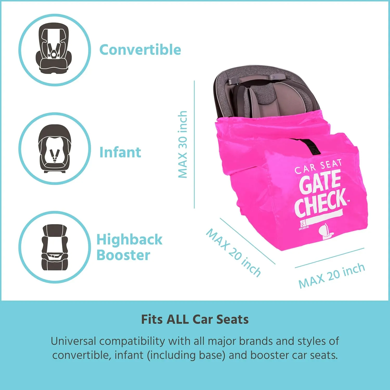 J.L. Childress Gate Check Bag for Car Seats - Travel Bag for Airplane - Includes AIRTAG Holder - Fits All Baby Car Seats, Infant Carriers & Child Booster Seats, Neon Pink