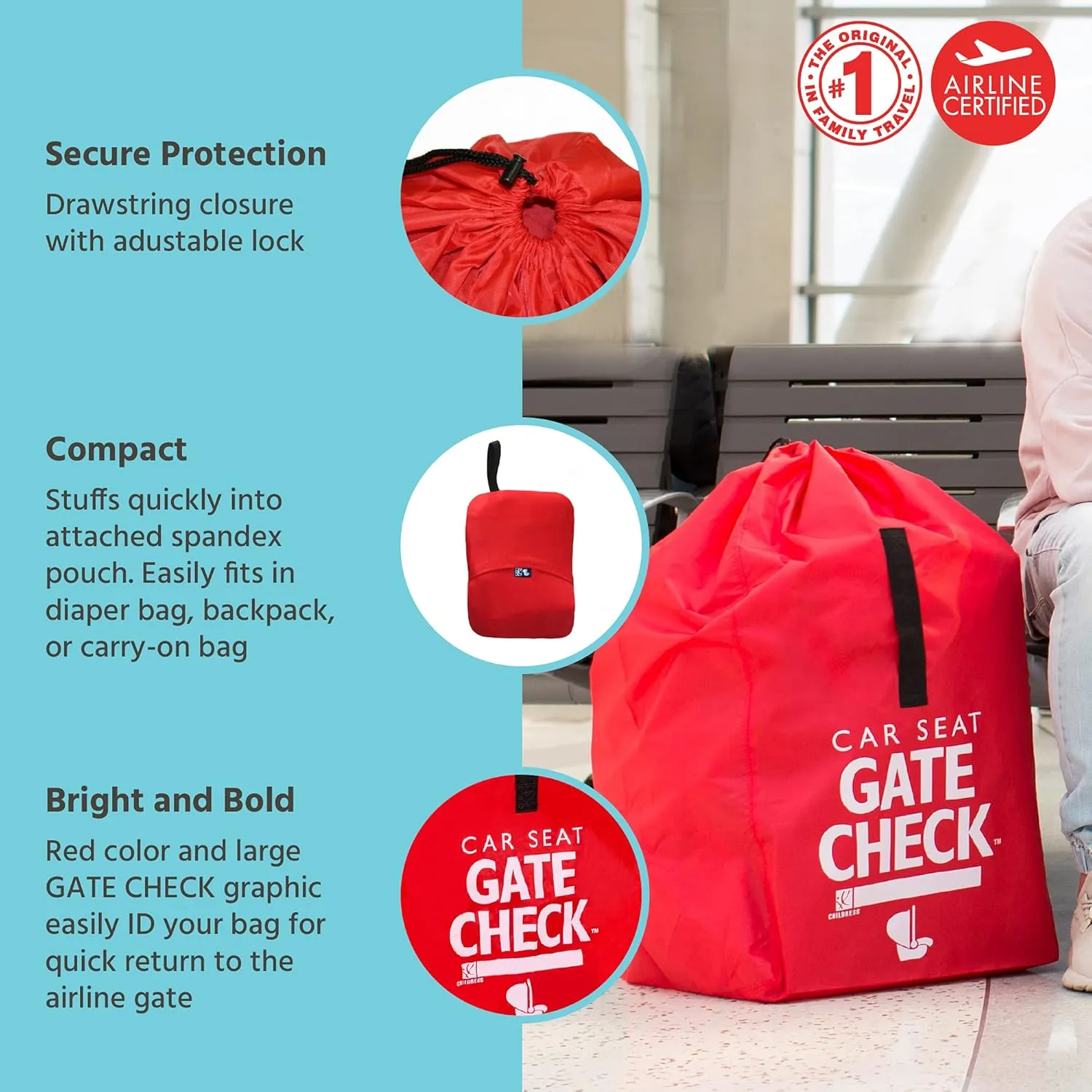 J.L. Childress Gate Check Bag for Car Seats - Travel Bag for Airplane - Includes AIRTAG Holder - Fits All Baby Car Seats, Infant Carriers & Child Booster Seats, Red