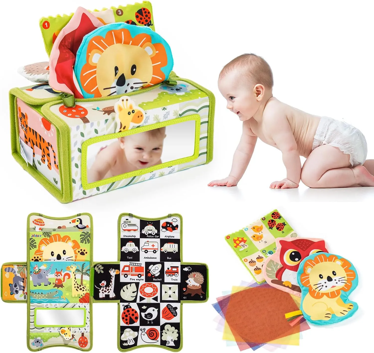 Jollybaby Mystery Tissue Box Toy for Baby 0-6-12 Month with Tummy Time Mirror Toy, Montessori Sensory Learning Toy for 1 Year Old Infant with Teether Crinkle Paper, High Contrast Toy for Newborn Gift