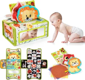 Jollybaby Mystery Tissue Box Toy for Baby 0-6-12 Month with Tummy Time Mirror Toy, Montessori Sensory Learning Toy for 1 Year Old Infant with Teether Crinkle Paper, High Contrast Toy for Newborn Gift
