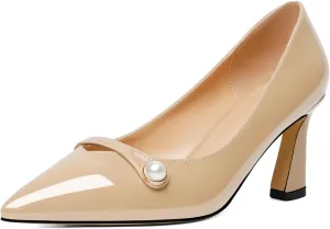 Joseywade Women's Low Heel Pumps 2.5 Inch Closed Pointed Toe Kitten Heels Slip On Business Pearl Dressy Shoes