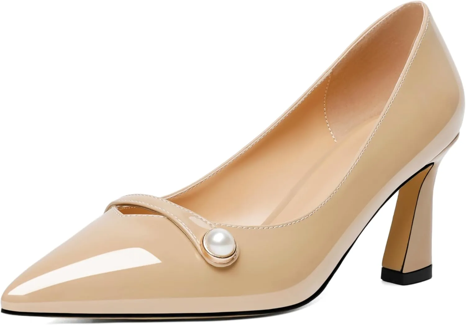 Joseywade Women's Low Heel Pumps 2.5 Inch Closed Pointed Toe Kitten Heels Slip On Business Pearl Dressy Shoes