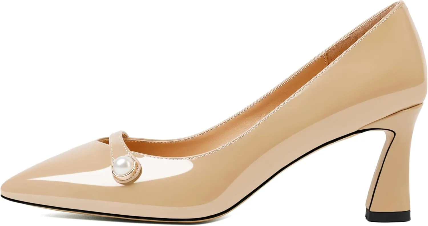 Joseywade Women's Low Heel Pumps 2.5 Inch Closed Pointed Toe Kitten Heels Slip On Business Pearl Dressy Shoes