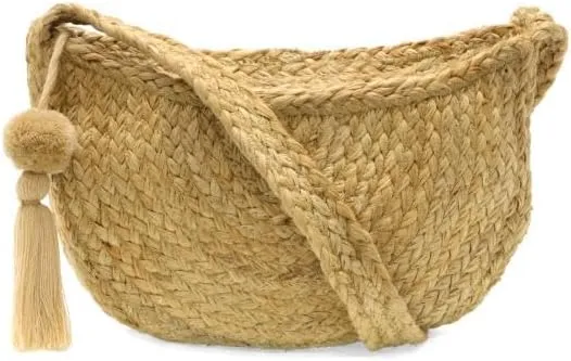 Joy Susan Women's Fashion Purse Orion Natural Jute Crescent Shoulder Bag With Tassel Hand Bag