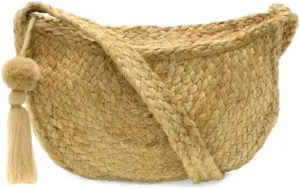 Joy Susan Women's Fashion Purse Orion Natural Jute Crescent Shoulder Bag With Tassel Hand Bag