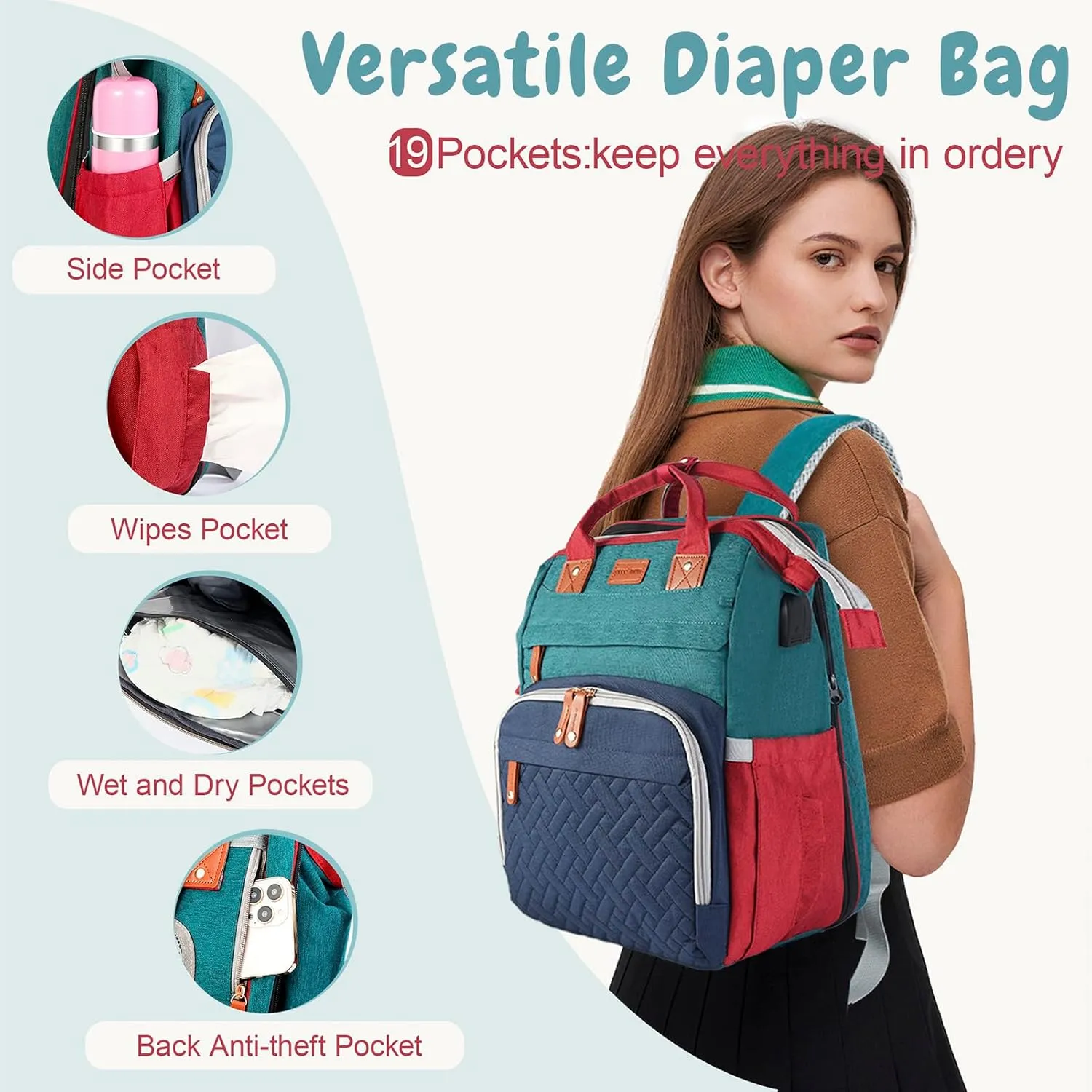 JOYCE Diaper Bag, with Diaper Changing Station, Multi-functional Large-capacity Diaper Bag Backpack, Best Gift for Newborns, Travel Essentials Diaper Bag Backpack (Blue-Green)