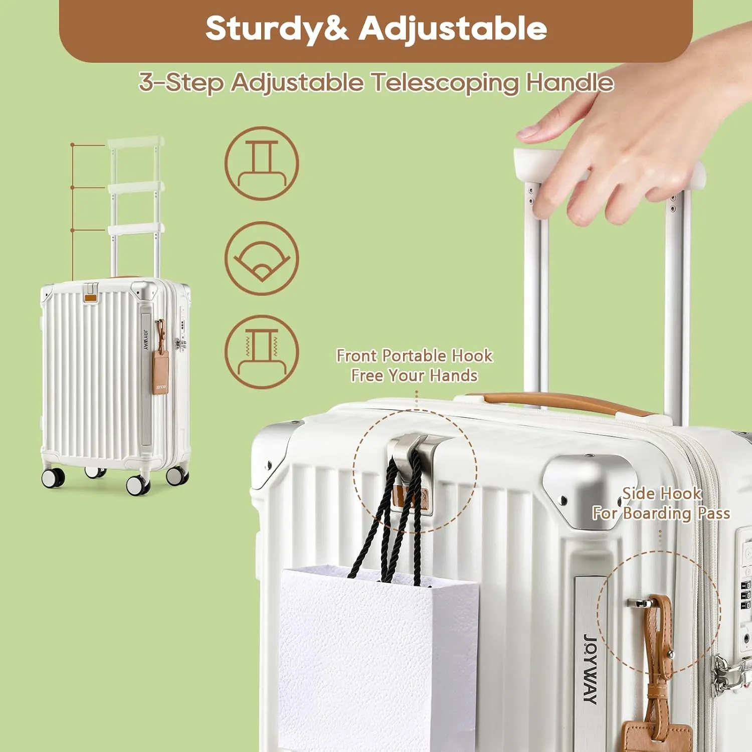 Joyway Carry On Luggage, Expandable Suitcase with Smart Cup Holder and USB Port, 20 IN Hardside Checked with TSA Lock Spinner Double Wheels, White